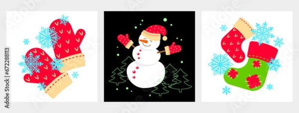 Fototapeta Set of three templates with New Year and Christmas traditional items. Design element for clothes, cards, textiles, fabrics, wallpapers
