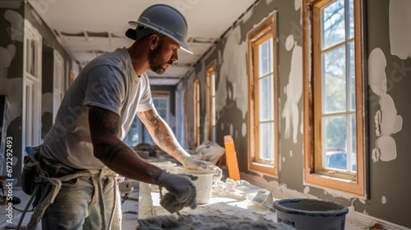 Fototapeta Man plastering drywall in a private house.