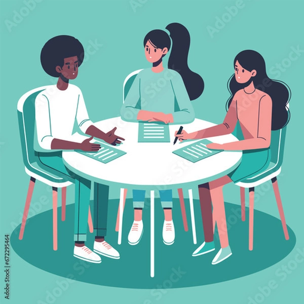 Obraz Diverse trio discussing around a table in flat vector design.