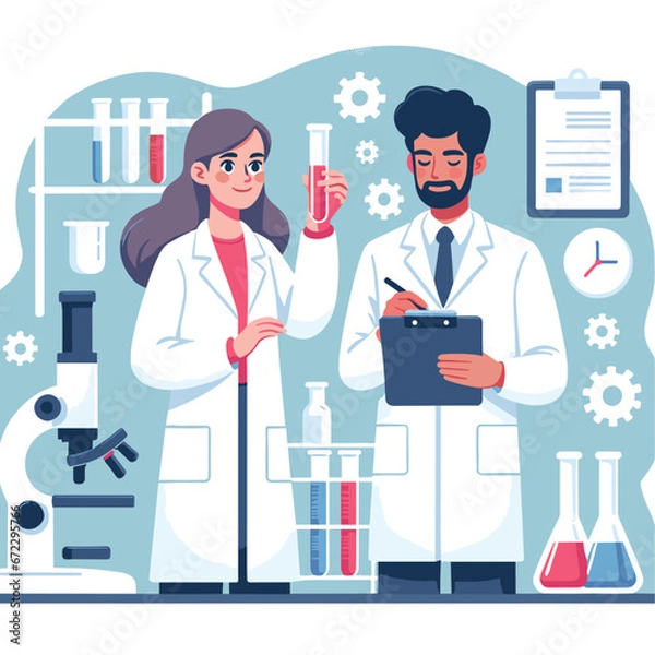 Obraz Caucasian scientist and Indian researcher in a vector lab setting.