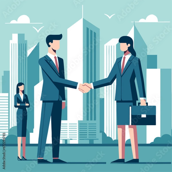 Obraz Vector business handshake with city skyline backdrop in flat design.