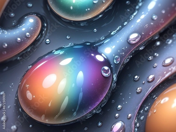 Obraz Surreal fluid dynamics: 3D simulation render of rainbow liquid and captivating water droplets in close-up