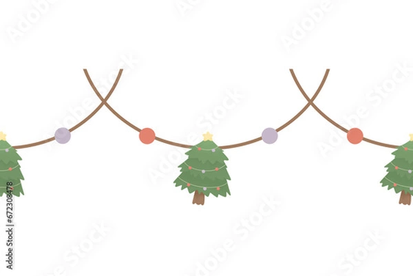 Obraz Watercolor cute christmas tree ribbon Ornament star Hanging Element doodle Border Xmas frame seamless pattern

