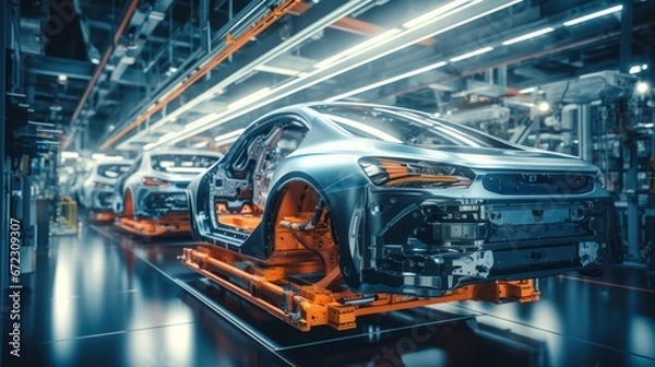 Obraz Futuristic electric car automated robot arm assembly line manufacturing