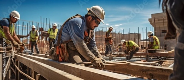 Obraz Construction worker pouring concrete at construction site