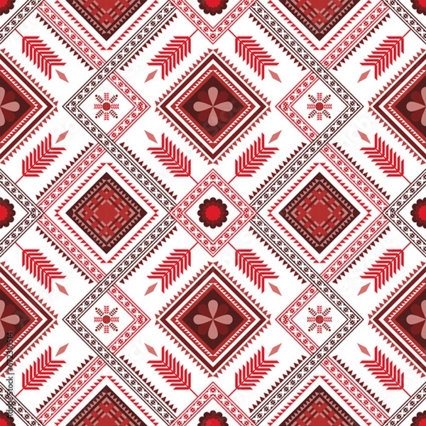 Obraz Autumn red geometric Aztec style. Mosaic on the tile. African Moroccan pattern. Ethnic carpet. Majolica. Asian rug. Tribal vector ornament. Aztec geo pattern. Native design for fabric print. seamless