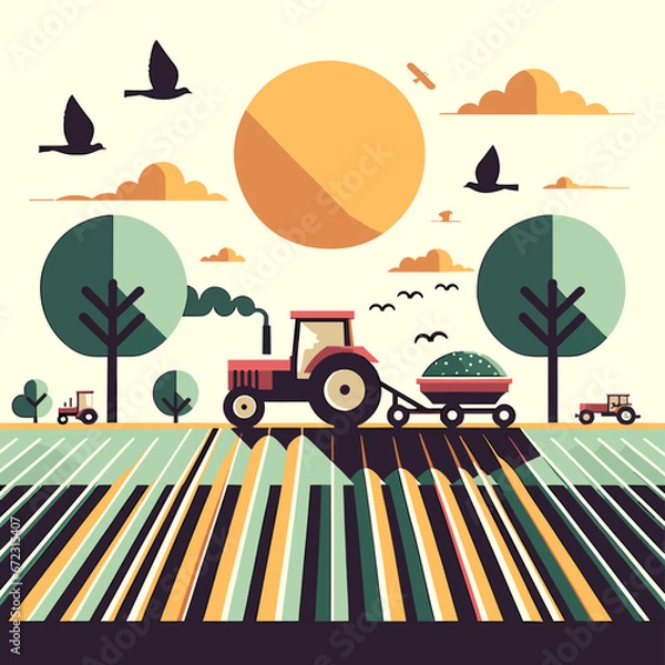 Obraz Tractor Plowing Field Vector Design