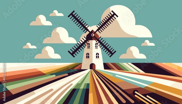 Obraz Countryside with Windmill Vector Design