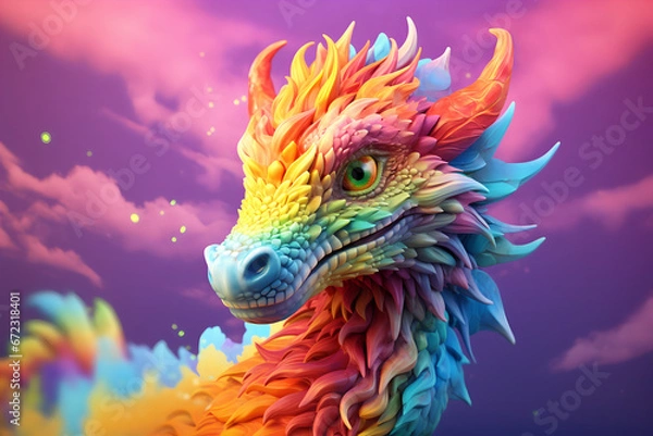 Fototapeta Head of Fantasy Dragon. Rainbow-colored dragon. Mythical creature. Legendary monster. An ancient monster. Fearsome. Fairytale. Sky background. Funny Cartoon character. Colorful AI illustration