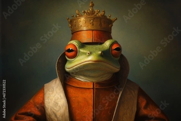Fototapeta Toad, Frog, 3D Portrait, Ironic, King, Queen, Emperor, Medieval, Renaissance. MEDIEVAL TOAD RULER. A portrait of an authoritative red-eyed toad dressed up as a king in perfect renaissance style.
