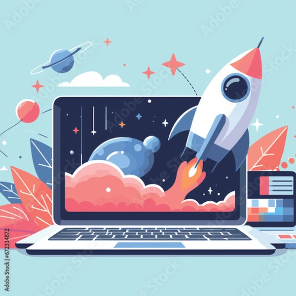 Obraz Laptop with Rocket Launch Illustration
