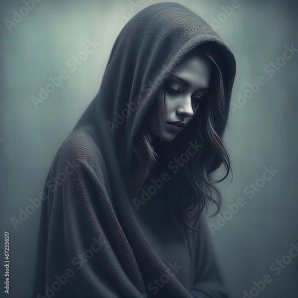 Fototapeta portrait of young woman in dark roomportrait of a sad girl with a hood
