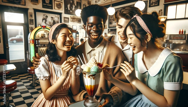 Fototapeta A Diverse Group of Teenagers Sharing a Large, Colorful Sundae in a 1950s Soda Fountain Shop. Generative AI. 4K Wallpaper