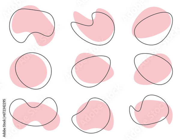 Fototapeta set of organic drops shaped in abstract pink color with line vector illustration isolated on transparent background. Doodles fall with outline circle. Menfice style