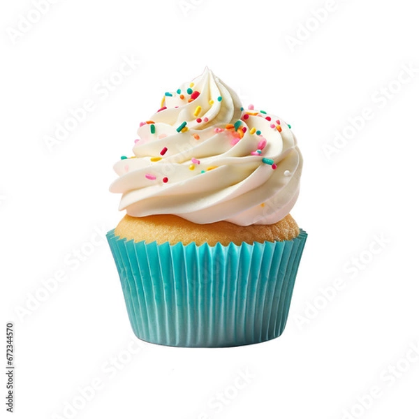 Obraz White Vanilla Cupcake and Icing with colorful sprinkles on top, birthday cupcake, Isolated on Transparent Background PNG