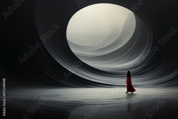 Fototapeta A striking black and white abstract photograph featuring the silhouette of a human figure. Ai generated