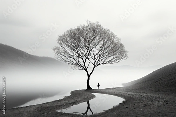 Obraz A simple and elegant black and white photograph featuring a tree in a minimalist style. Ai generated