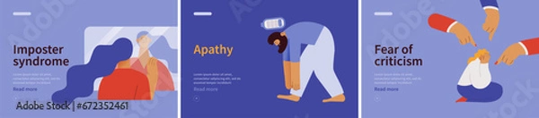 Fototapeta Collection of banners. Imposter syndrome, Apathy, Fear of criticism. Mental disorders. Modern flat vector illustrations 