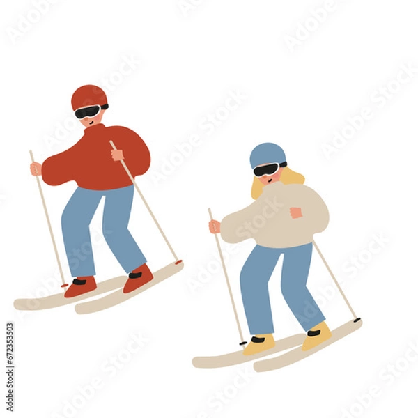 Obraz Set of winter season activities illustrations, people skiing, snowboarding, ice skating, sledding, tubing, playing snowballs, building snowman, making snow angel vector clipart, flat style images.