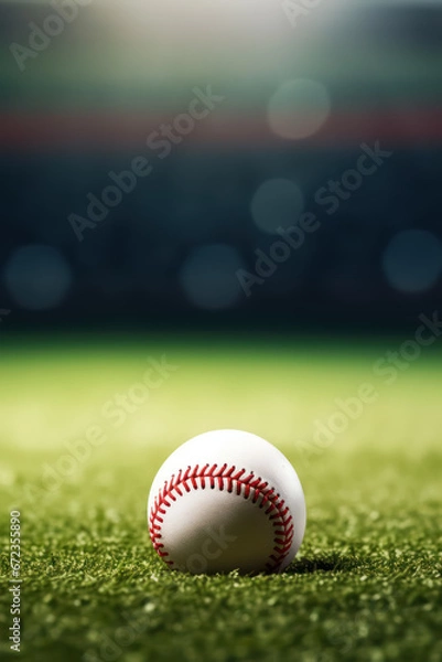 Fototapeta A close up of Ball of baseball on the fresh green grass lawn of the playing field, Baseball Stadium, cinematic, blurred background with copy space