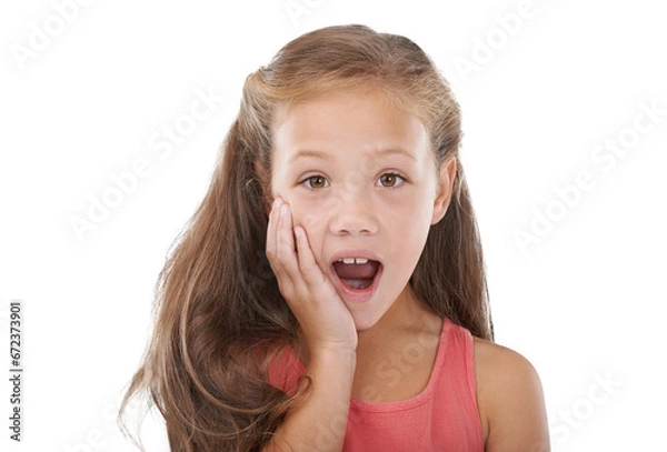 Obraz Young girl, surprise and shock face in wow portrait for gossip, fake news and studio mockup. Child, hand or mouth open for omg emoji, sale announcement or isolated on transparent png background