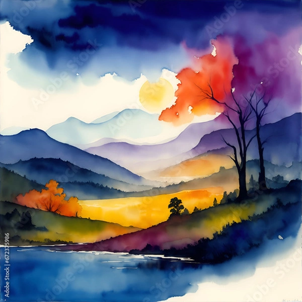 Obraz Painting of a Blossoming Meadow with an Ancient Tree and Rural Cottage by a Duck-Filled Pond