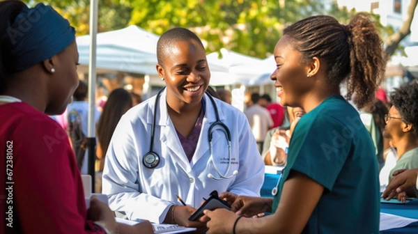 Obraz Smiling women interact at an outdoor community health event with tents and other attendees in the background.