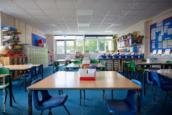Obraz Empty Tables And Chairs In Primary Or Elementary School Classroom