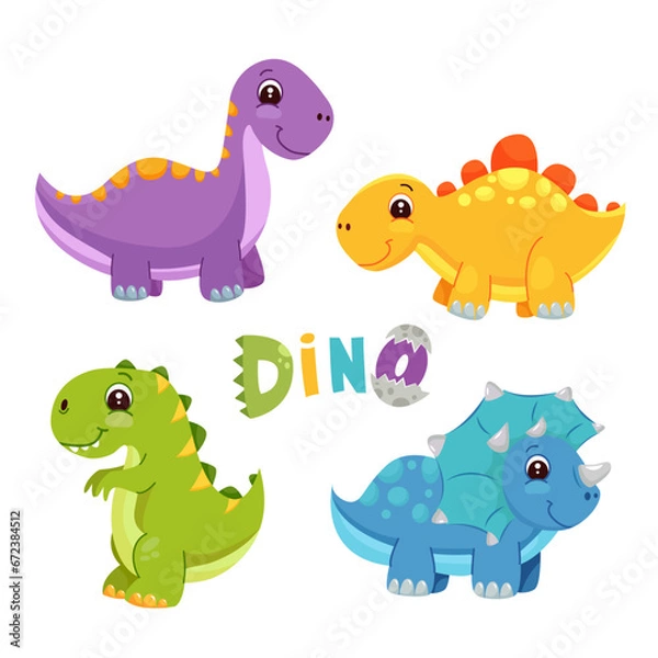 Fototapeta Vector illustration of Cartoon Dinosaur Character Set. Sequential set of cute colored dinosaurs. T-rex, diplodocus, triceratops.