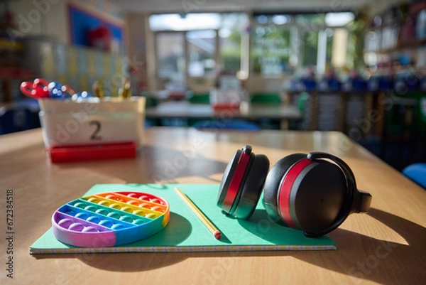 Obraz Ear Defenders Or Headphones And Fidget Toy To Help Child With ASD Or Autism On Table In School Classroom
