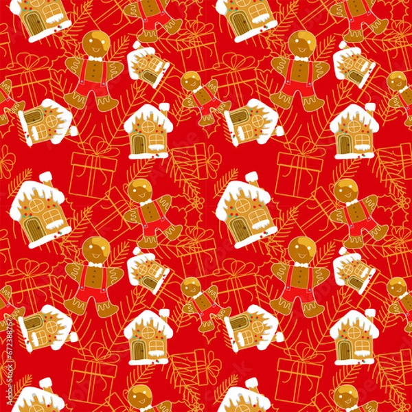 Fototapeta Seamless Christmas pattern of many house cookies, gingerbread, snowflakes and Christmas decorative items, red background.