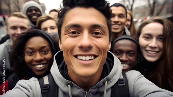 Fototapeta Multiethnic students taking a selfie outside.
