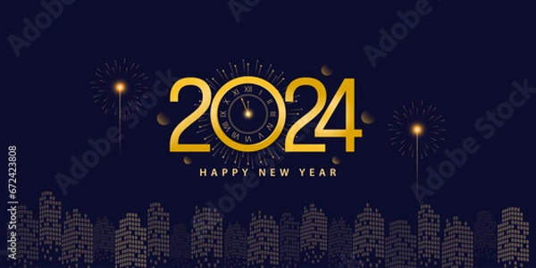 Obraz Happy New Year 2024 Poster Design. Classic Watch Golden Theme with Firework and City in The Night Background Vector Illustration