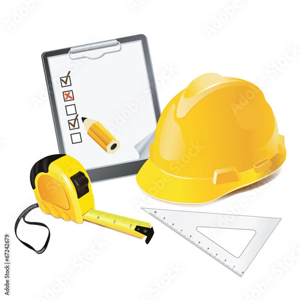 Obraz Construction Concept. Helmet, pencil and rulers.