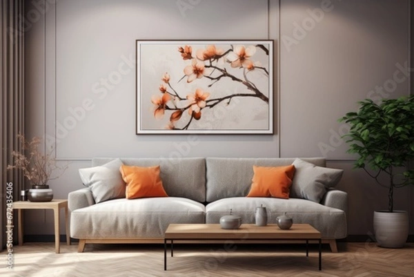 Fototapeta Oriental Elegance: Ombre Grey Sofa and Tree in Captivating Still Life