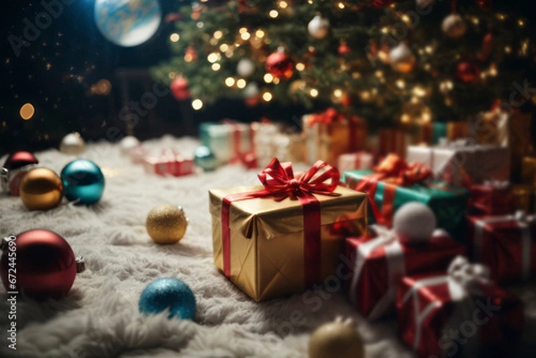 Fototapeta Gift boxes under Christmas tree. New Year and Christmas design. Holiday banner, web poster, flyer, stylish brochure, greeting card, cover. Xmas background with bokeh