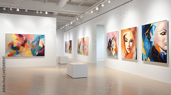 Fototapeta Modern minimalistic art gallery with beautiful paintings on a white wall