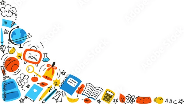 Fototapeta Background for school, school theme, school doodles, inscription in a notebook, training, lessons, time for training, Set of school tools, set of education icons, back to school