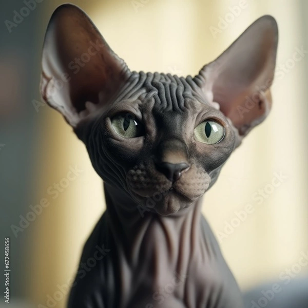 Fototapeta Portrait of a cute black Sphynx kitten looking forward. Closeup face of an adorable small Sphynx kitty at home. Portrait of little cat with sleek black fur sitting in a light room beside window