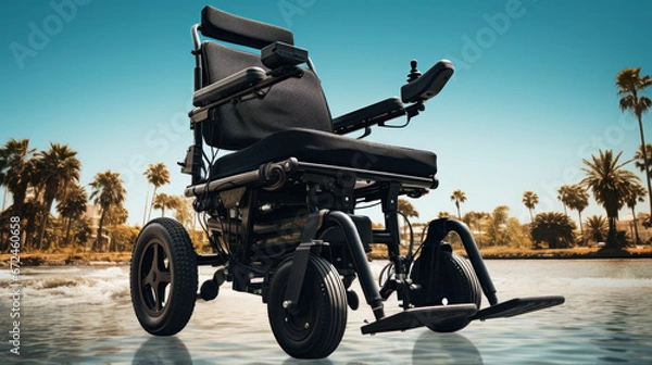 Fototapeta Electric wheelchair with palm trees and a blue sky in the background, disability in the summer