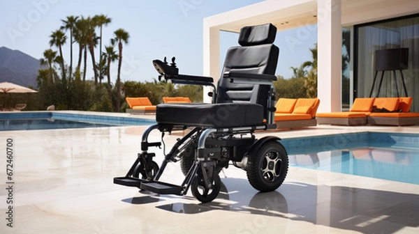 Fototapeta Black electric wheelchair in front of the swimming pool of a mid-century modern house, palm trees in the background