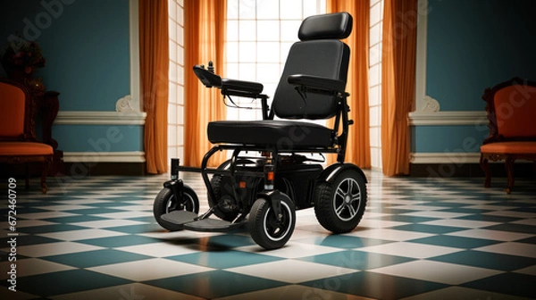 Fototapeta Empty electric wheelchair on a blue checkered floor inside a stylish hallway with a luxurious interior