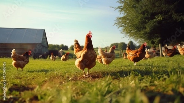 Fototapeta A flock of chickens in free range. Raising free range chickens has many benefits
