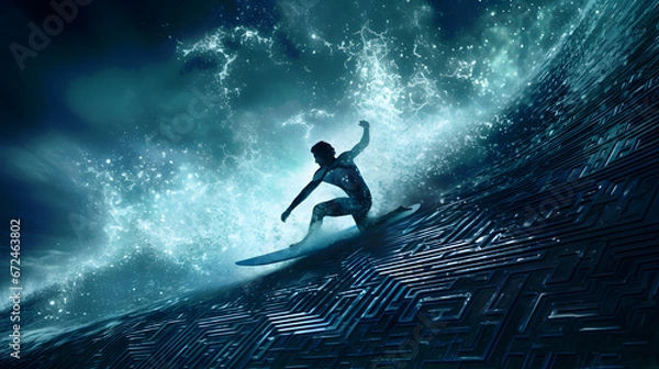 Obraz Fearless man surfing on an artificial ocean made of blue geometrical patterns: epic metaphor for human in control of technology