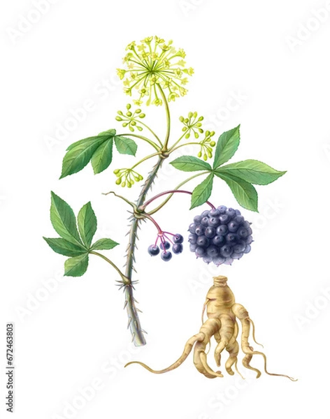 Obraz Eleuthero or Siberian Ginseng Hand Drawn Pencil Illustration Isolated on White with Clipping Path