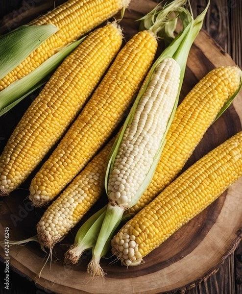 Fototapeta Fresh corn on the cob on a wooden background
