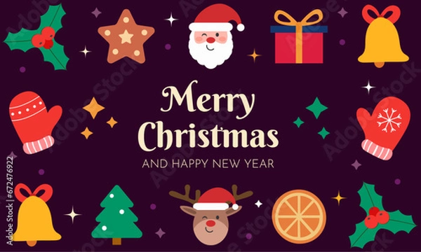 Fototapeta Merry Christmas and Happy New Year background with set of winter holiday elements. Colorful and modern vector illustration. Tree, gift, bell, cookie, star, mitten.