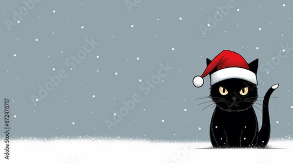 Fototapeta A silent curmudgeon in a world of winter enchantment, this black cat casts a discontented glare from the snowy landscape, weaving a tale of snow-covered grumbles and reluctant holiday charm.
