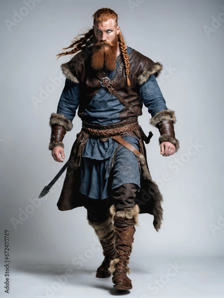 Obraz Ai generated image of a fantasy Viking style warrior with red long hair and a long beard, isolated on a bright background. 