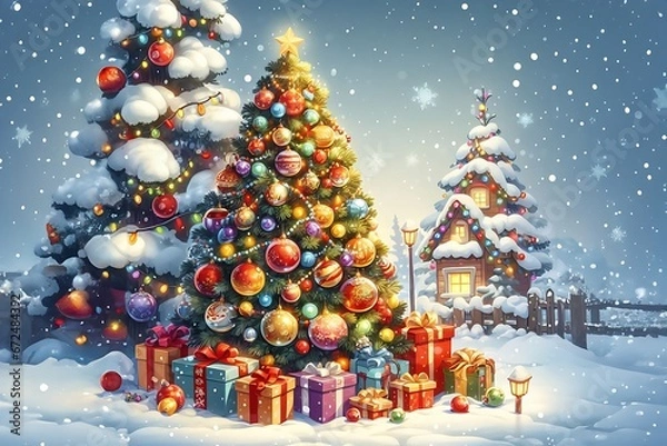 Fototapeta Christmas tree with gifts and snowflakes on a background of winter landscape